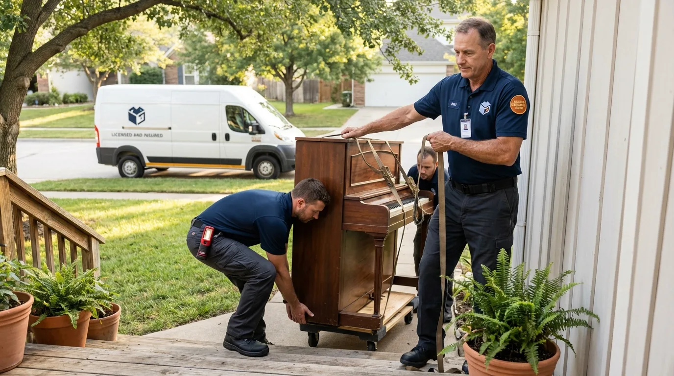Licensed piano movers securing grand piano in Fort Pierce, FL