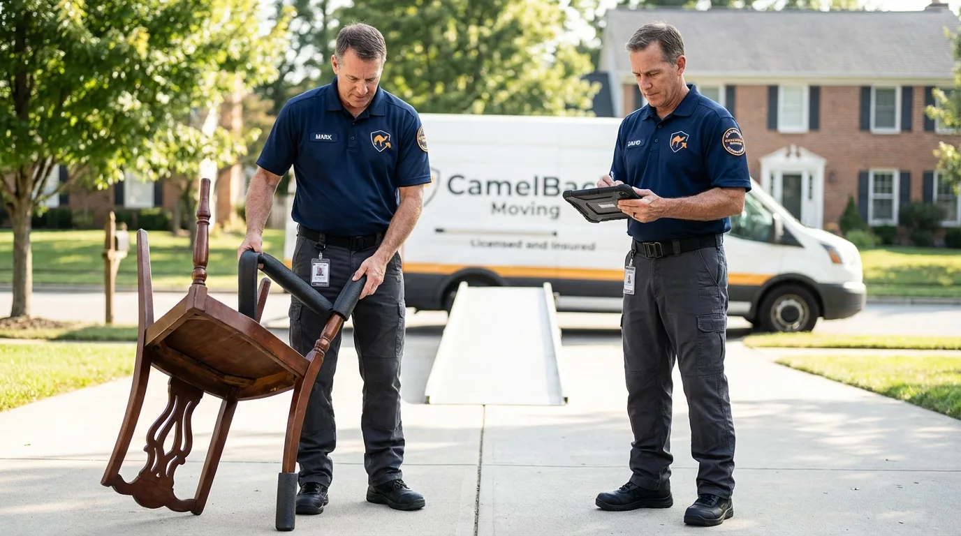 Movers inspecting furniture for damage prevention before loading in Fort Pierce, FL