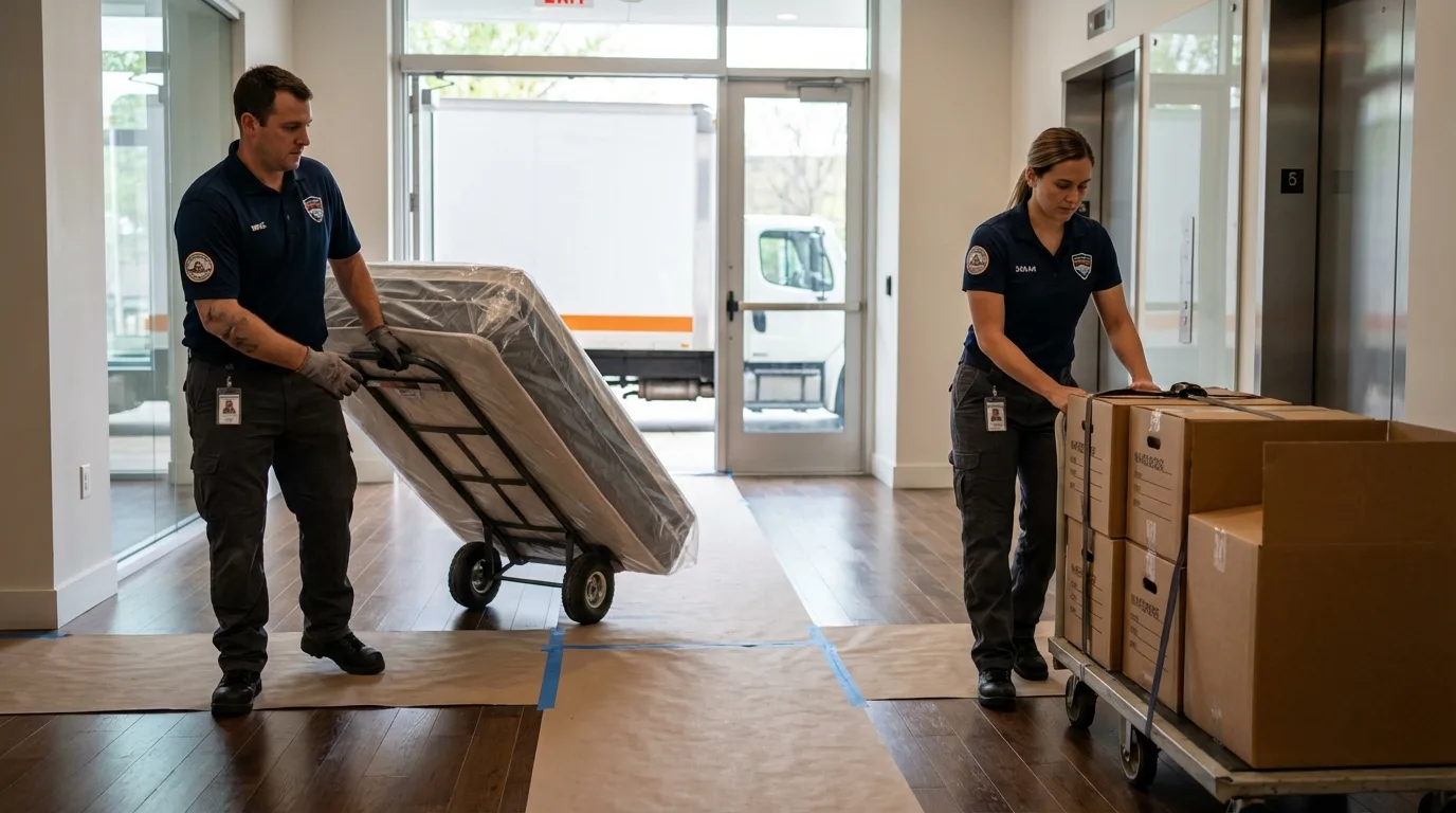 Professional apartment movers loading elevator in Fort Pierce, FL